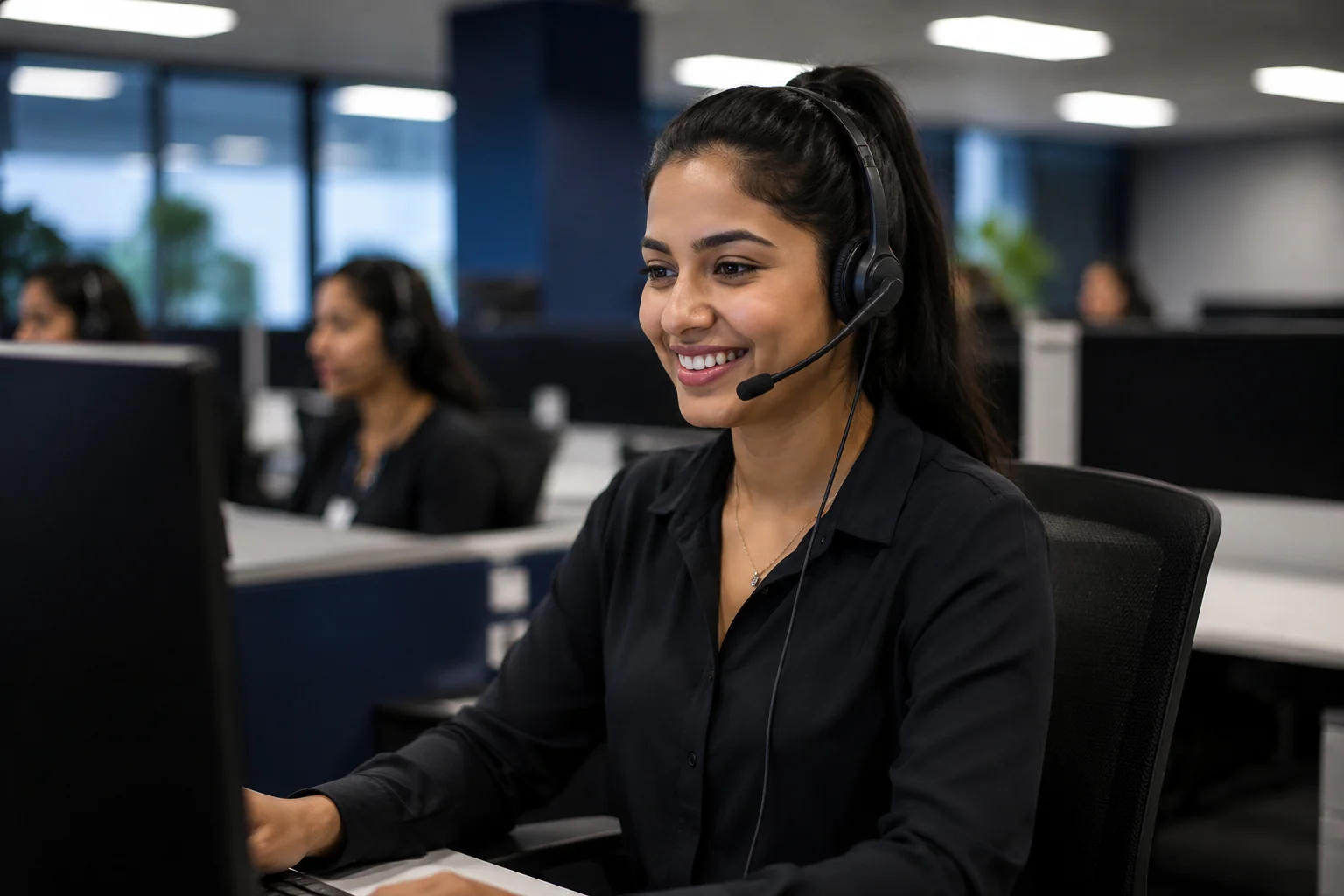 Modern professional office with call centre agents working at their desks in a bright corporate environment